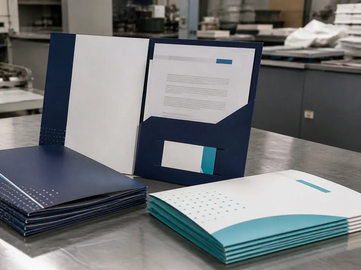 Pastas institucionais com bolso, encaixe para cartão e documentos